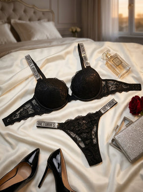 Lace Push-Up Bra & Panty Set with Crystal Embellished Straps