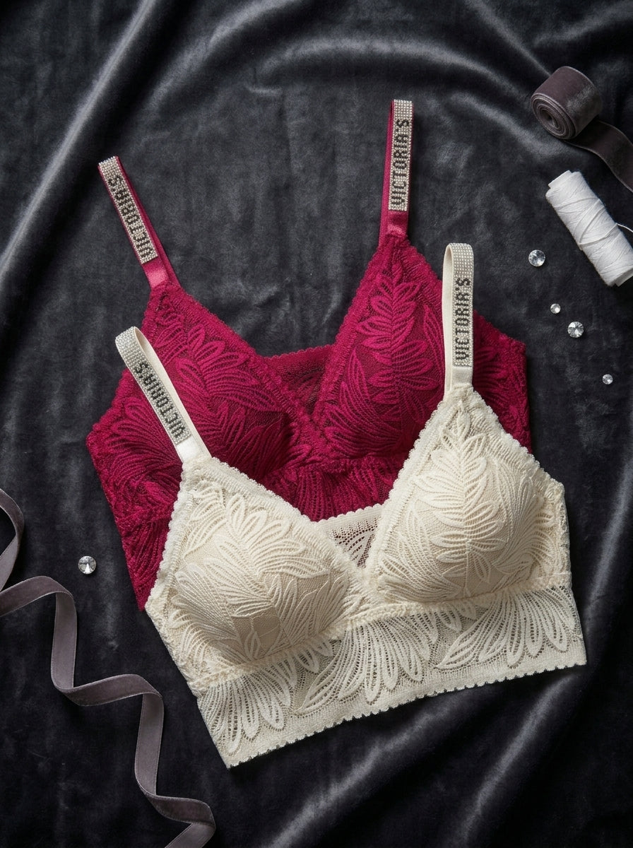 Burgundy Lace Longline Bralette with Rhinestone Straps | Wireless