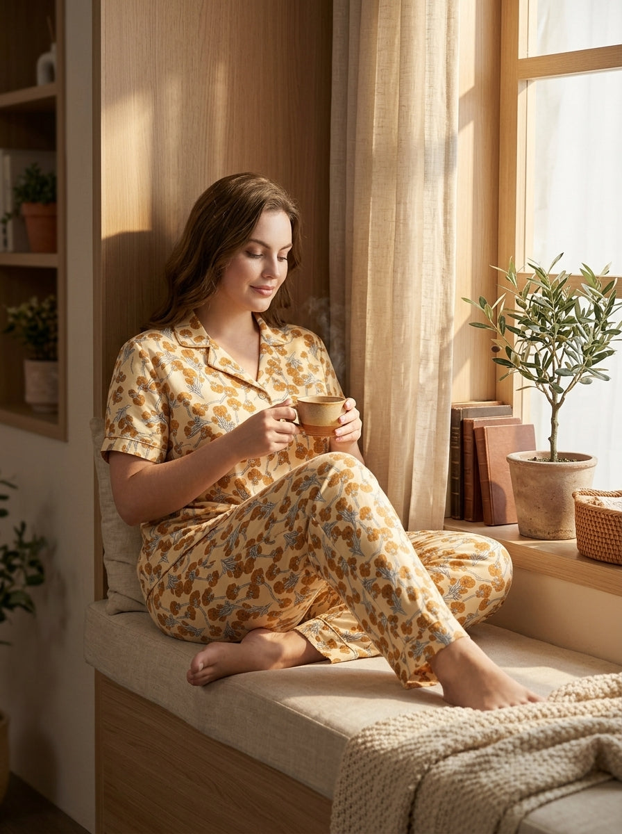 Ladies Floral Night Suit | 2 Piece Pajama Set (Cream Floral)