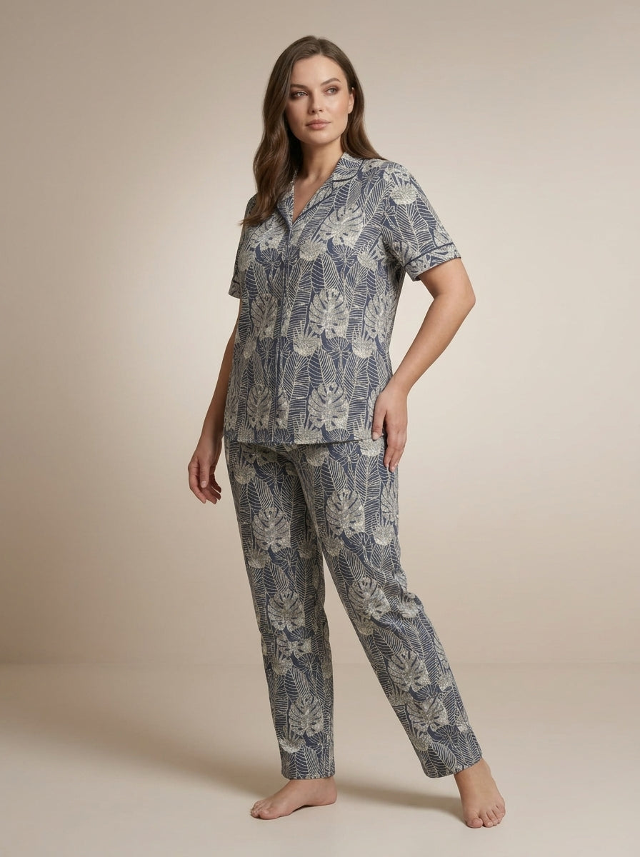 Ladies Leaf Print Night Suit | 2 Piece Pajama Set (Blue/Grey)