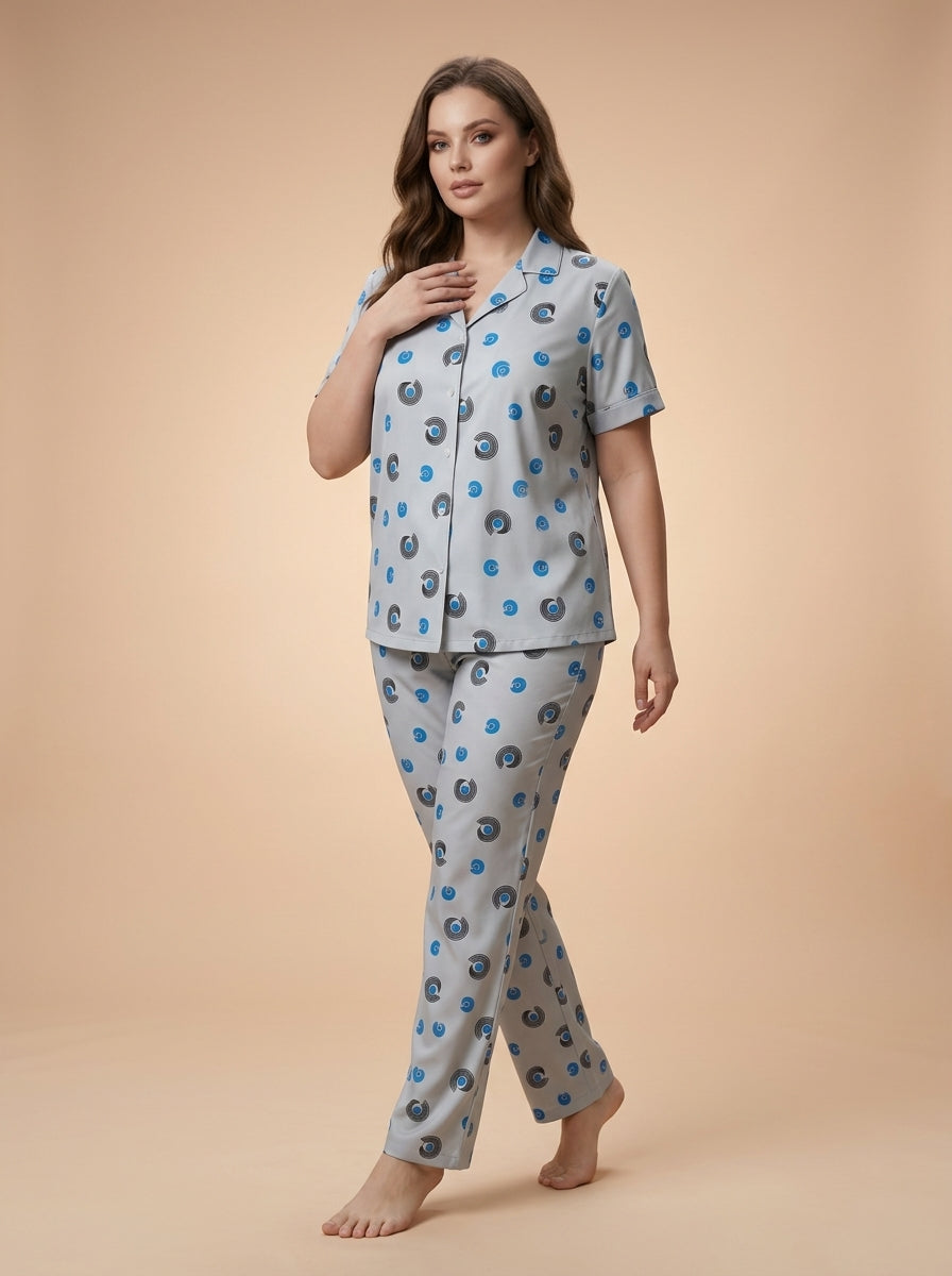 Women’s Light Grey 2-Piece Pajama Set | Printed Night Suit with Blue Swirl Pattern