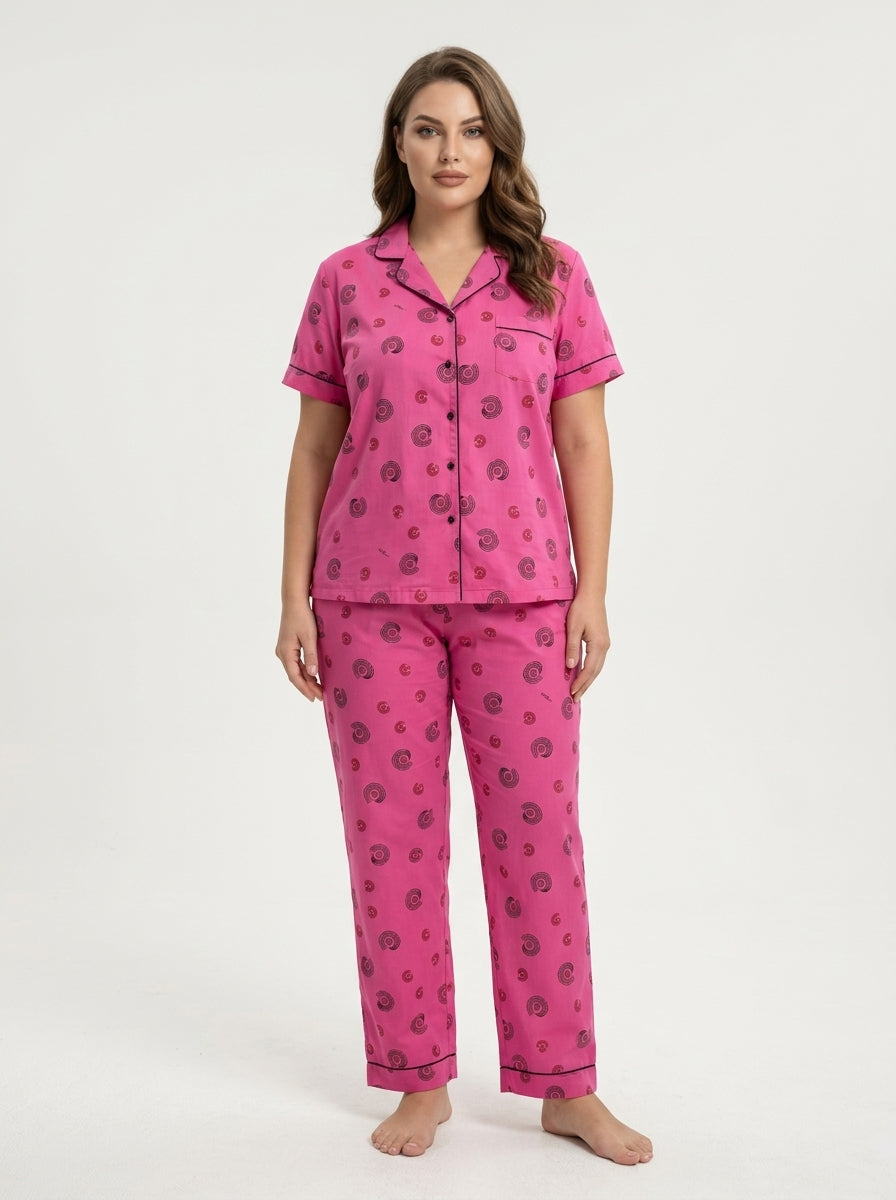 Ladies Hot Pink Night Suit | 2 Piece Printed Pajama Set (Button Front)