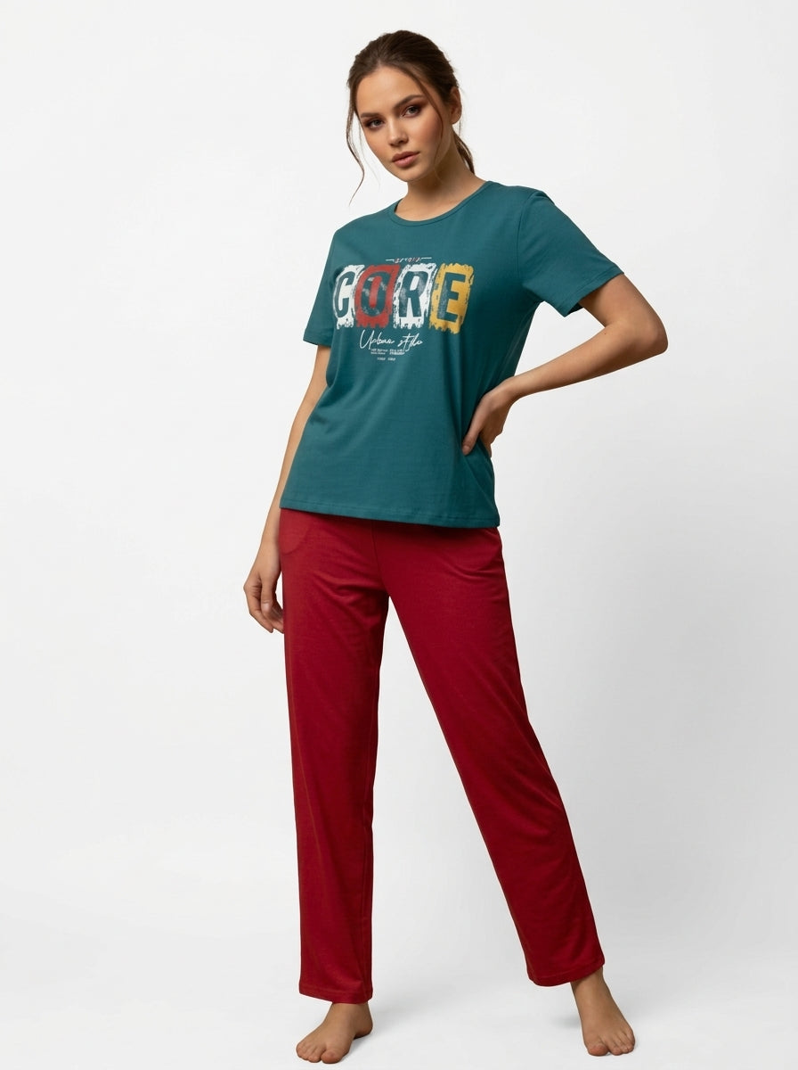 Women’s Color Block Nightwear Set | Teal CORE Printed T-Shirt with Red Pants