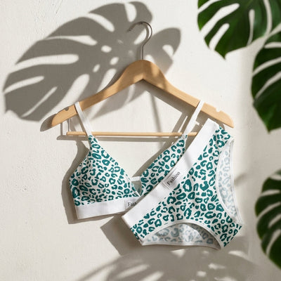 Leopard Print Triangle Bra & Panty Set | 2-Piece Wireless Lingerie