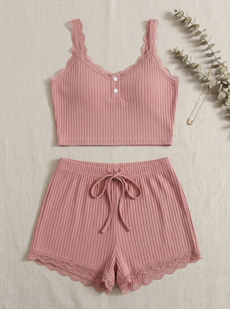 Ribbed Lace Trim Lounge Set