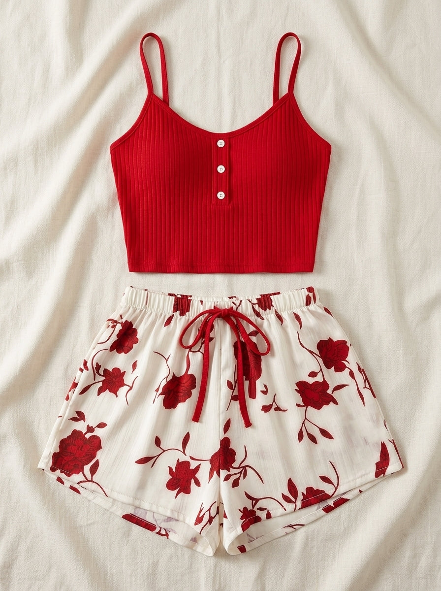 Ribbed Cami & Floral Shorts Pajama Set
