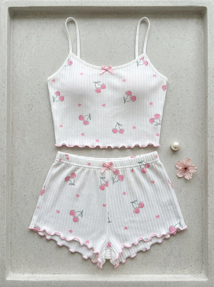 Cherry Print Ribbed Pajama Set | Lettuce Edge Cami Top & Shorts