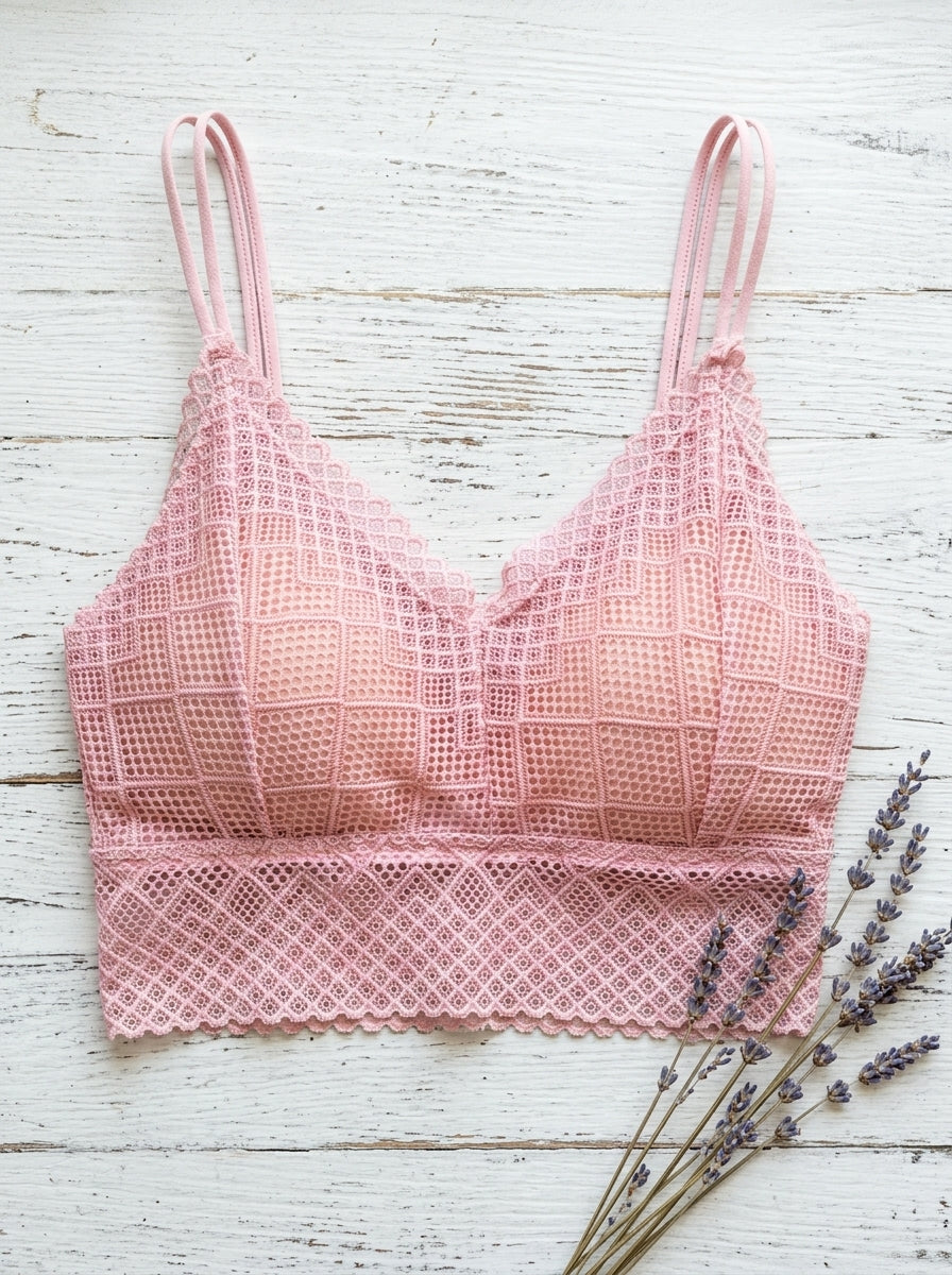 Pink Lace Longline Bralette | Wireless Soft Support (Double Straps)