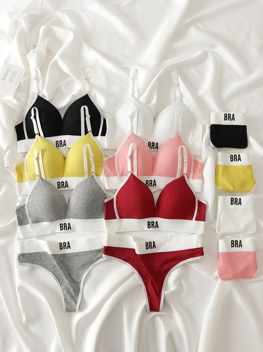 Ribbed Triangle Bra & Panty Set | Logo Band Wireless Lingerie