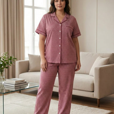 Ladies Pink Printed Night Suit | 2 Piece Pajama Set (Button Front)