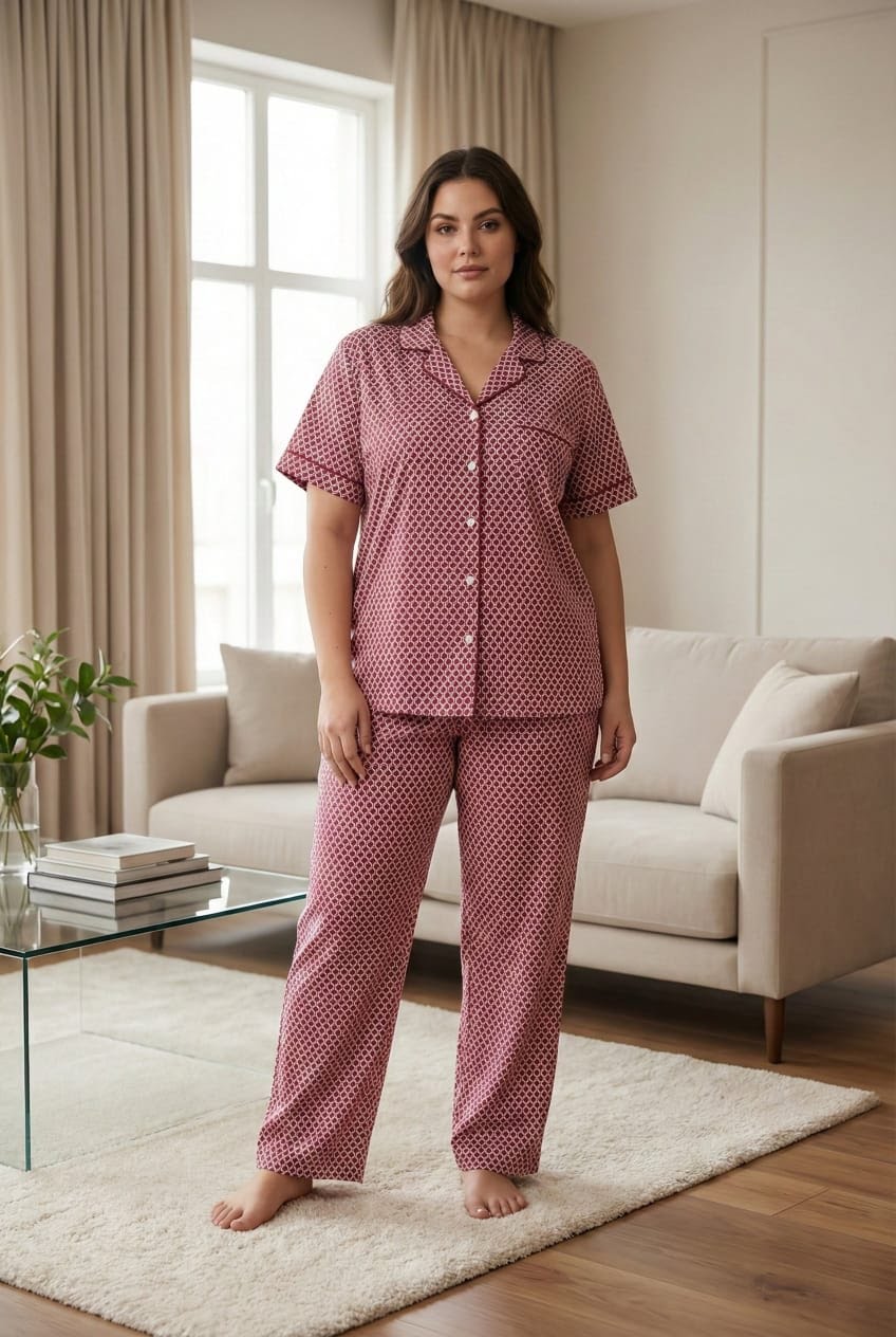 Ladies Pink Printed Night Suit | 2 Piece Pajama Set (Button Front)