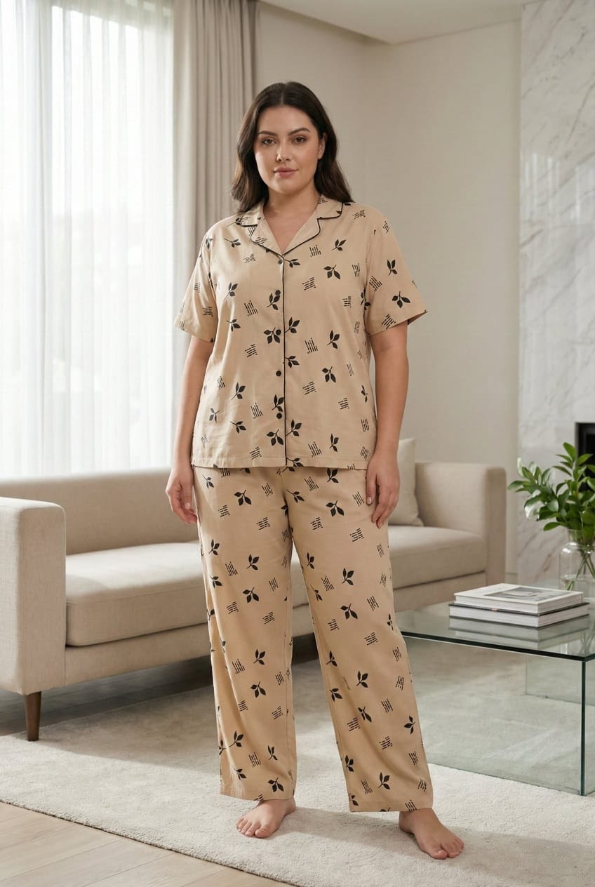 Ladies Beige Leaf Print Night Suit | 2 Piece Pajama Set (Contrast Piping)