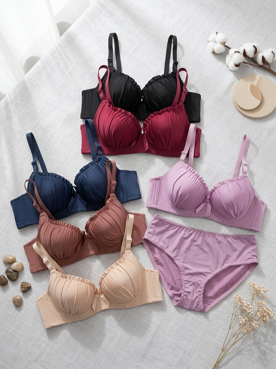 Satin Ruched Padded Bra & Panty Set | Smooth Daily Lift