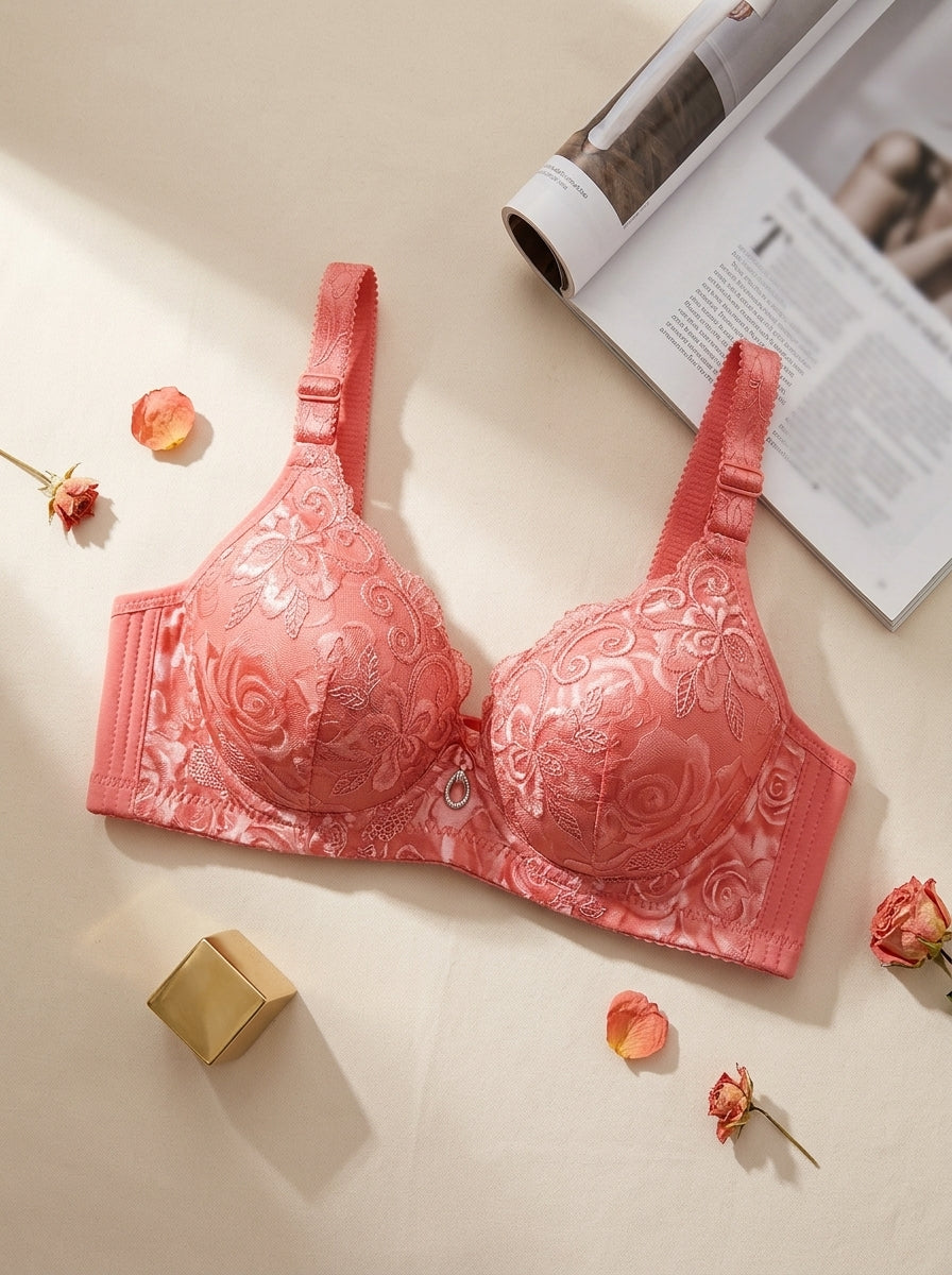 Floral Lace Print Padded Bra | Soft Support & Adjustable Straps
