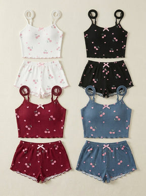 Cherry Print Ribbed Pajama Set | Lettuce Edge Cami Top & Shorts