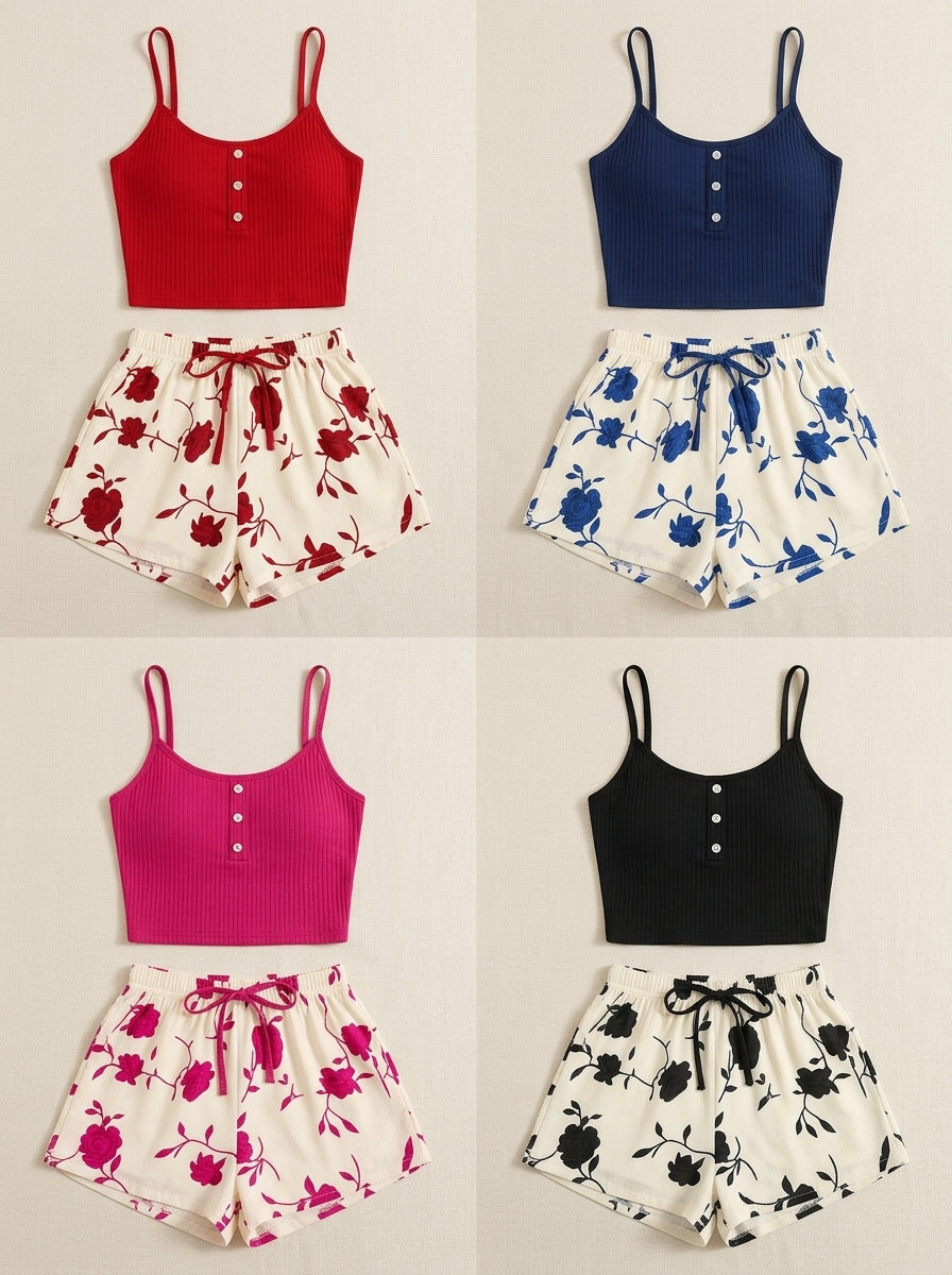 Ribbed Cami & Floral Shorts Pajama Set