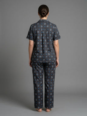 Ladies Dark Grey Abstract Print Night Suit | 2 Piece Pajama Set