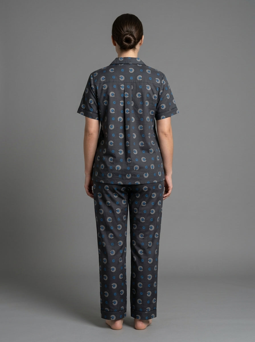 Ladies Dark Grey Abstract Print Night Suit | 2 Piece Pajama Set