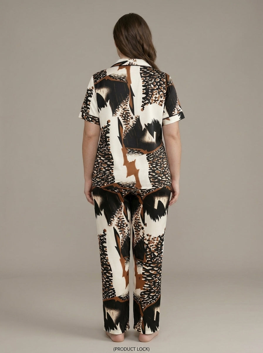Ladies Leopard Mix Printed Night Suit | 2 Piece Pajama Set