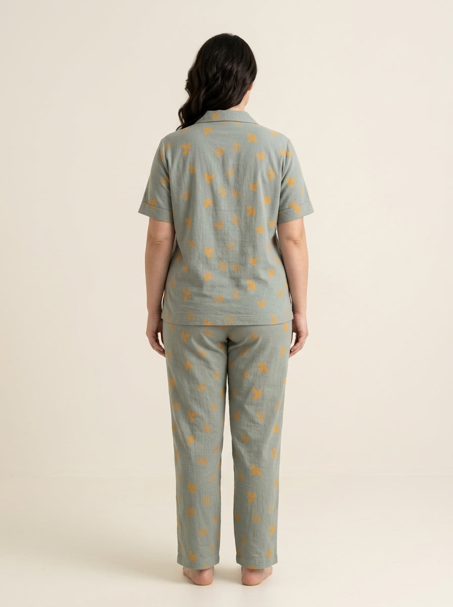 Women’s Sage Green Butterfly Print Pajama Set | 2PC Night Suit