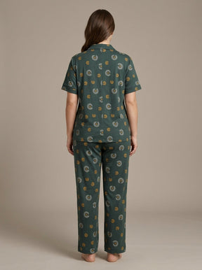 Ladies Dark Green Abstract Print Night Suit | 2 Piece Pajama Set