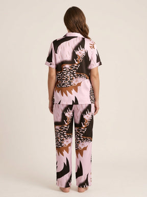 Ladies Luxury Pink Animal Print Satin Night Suit | 2 Piece Pajama Set