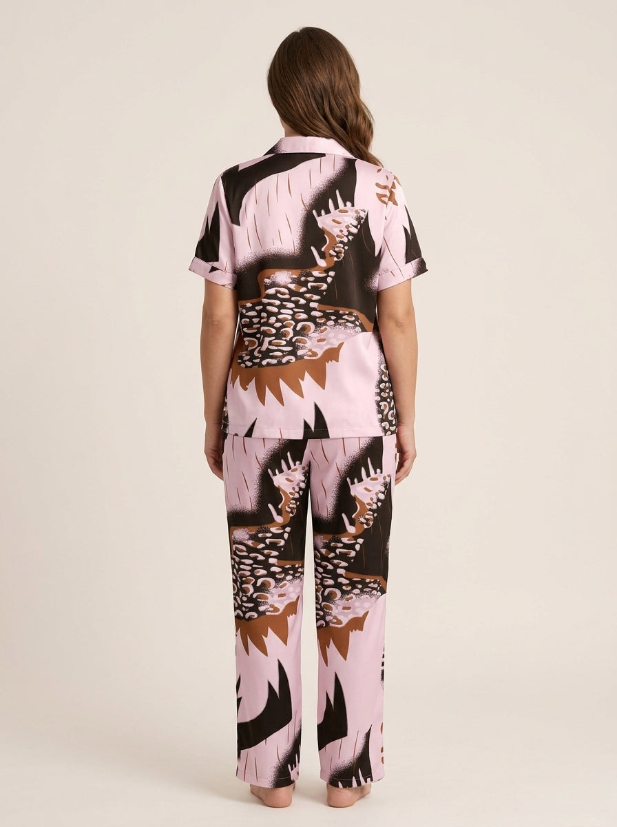 Ladies Luxury Pink Animal Print Satin Night Suit | 2 Piece Pajama Set