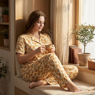 Ladies Floral Night Suit | 2 Piece Pajama Set (Cream Floral)