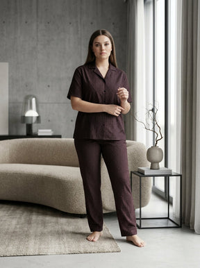 Ladies Maroon Printed Night Suit | 2 Piece Pajama Set