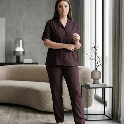 Ladies Maroon Printed Night Suit | 2 Piece Pajama Set