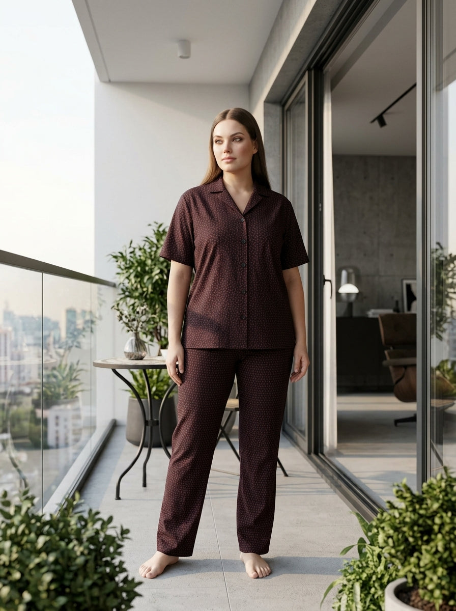 Ladies Maroon Printed Night Suit | 2 Piece Pajama Set