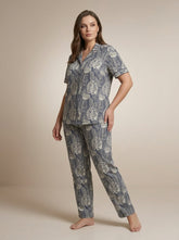 Ladies Leaf Print Night Suit | 2 Piece Pajama Set (Blue/Grey)