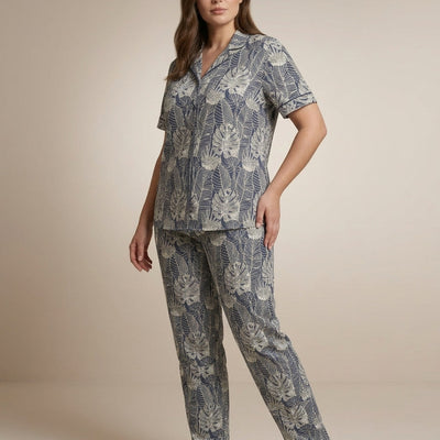 Ladies Leaf Print Night Suit | 2 Piece Pajama Set (Blue/Grey)