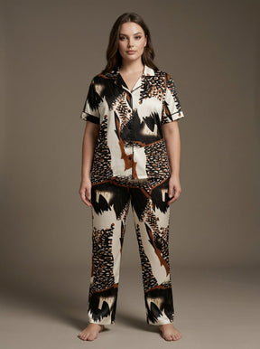 Ladies Leopard Mix Printed Night Suit | 2 Piece Pajama Set