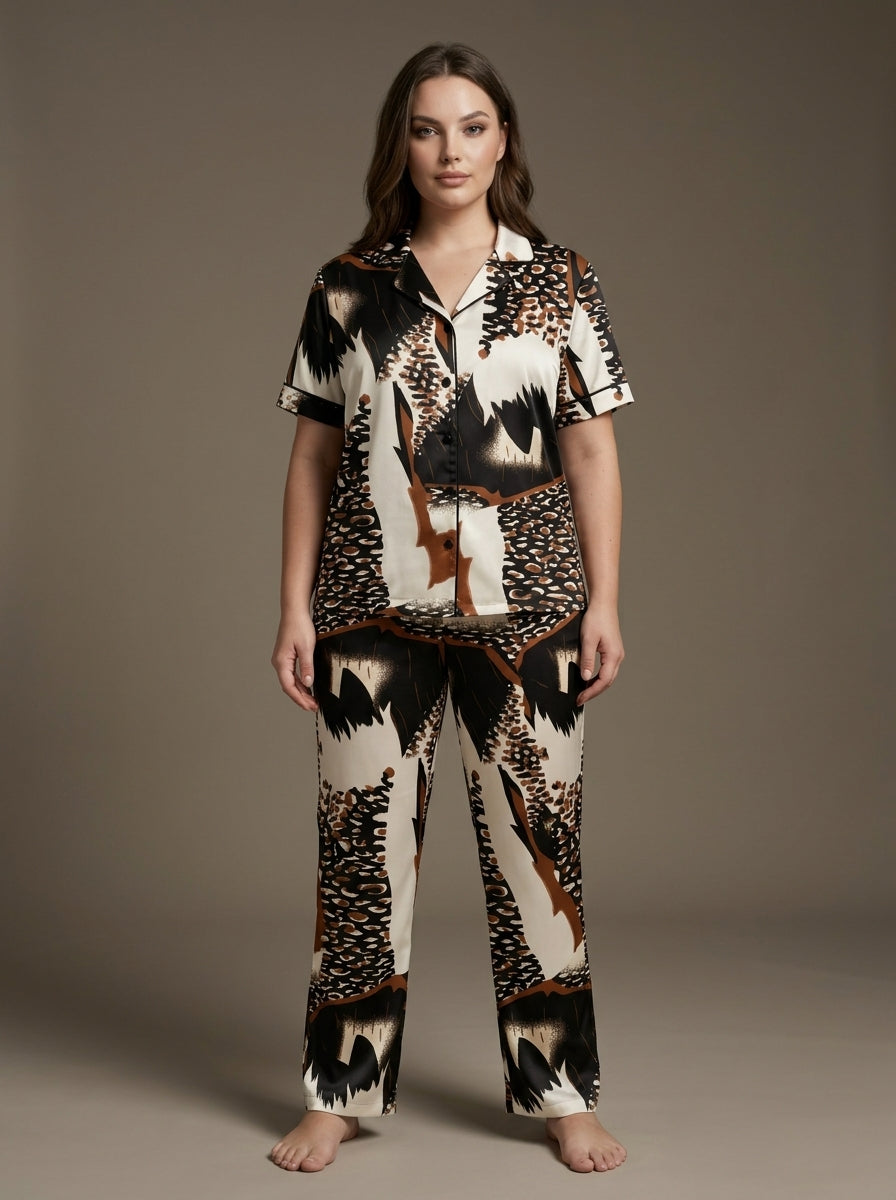 Ladies Leopard Mix Printed Night Suit | 2 Piece Pajama Set