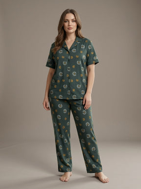 Ladies Dark Green Abstract Print Night Suit | 2 Piece Pajama Set