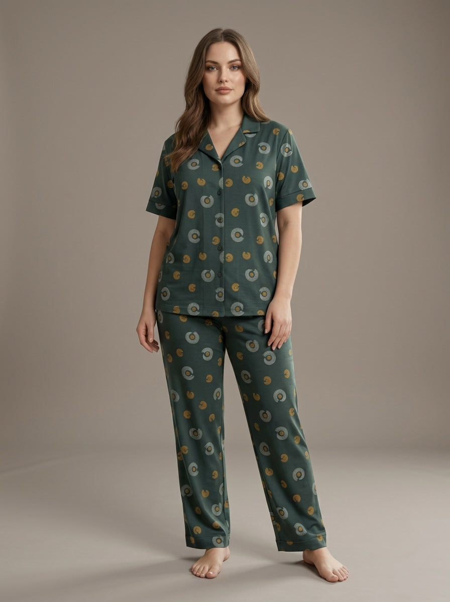 Ladies Dark Green Abstract Print Night Suit | 2 Piece Pajama Set