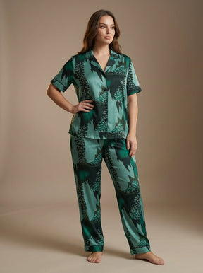 Ladies Luxury Green Satin Night Suit | 2 Piece Printed Pajama Set