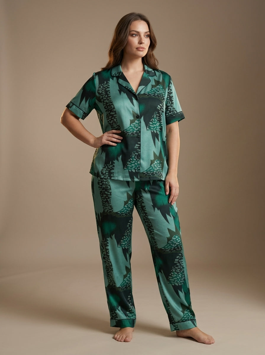 Ladies Luxury Green Satin Night Suit | 2 Piece Printed Pajama Set