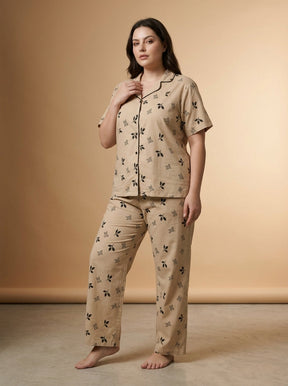 Ladies Beige Leaf Print Night Suit | 2 Piece Pajama Set (Contrast Piping)