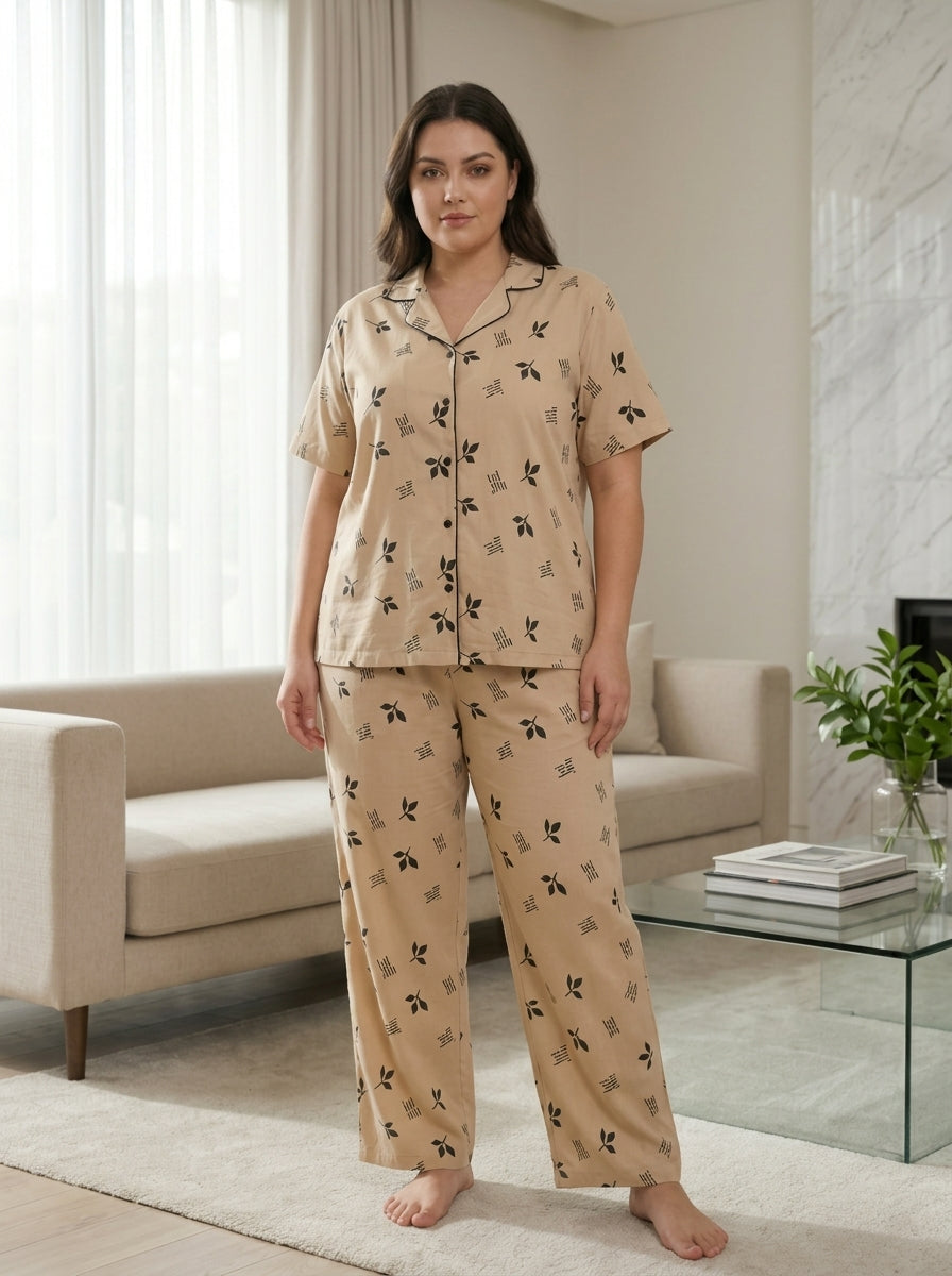 Ladies Beige Leaf Print Night Suit | 2 Piece Pajama Set (Contrast Piping)
