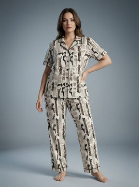 Women’s Bold Black & Brown Printed Night Suit – 2 Piece Satin Pajama Set