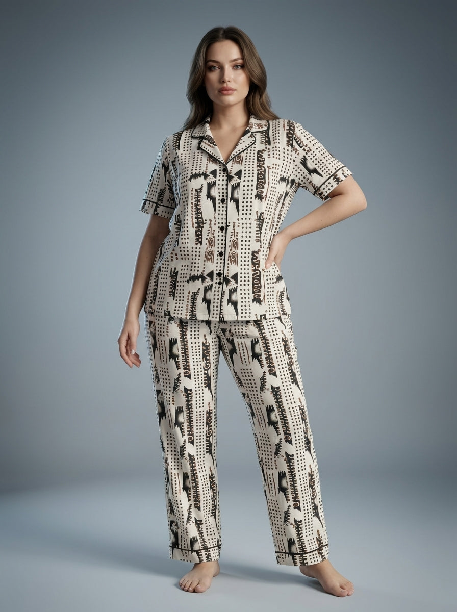 Women’s Bold Black & Brown Printed Night Suit – 2 Piece Satin Pajama Set