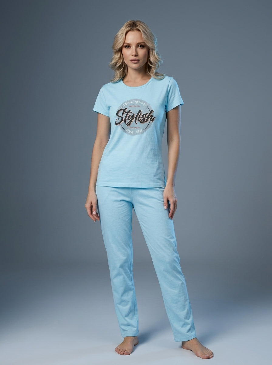 Women’s Sky Blue Printed Nightwear Set – Short Sleeve T-Shirt & Pants with Stylish