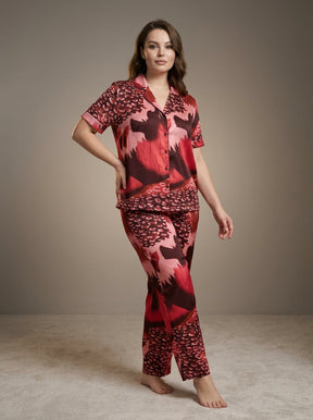 Women’s Bold Red & Maroon Printed Night Suit | 2 Piece Luxury Satin Pajama Set