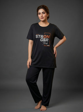Women’s Black Graphic Print T-Shirt Pajama Set | Stronger Than We Think Lounge Set (2PC)