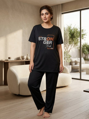 Women’s Black Graphic Print T-Shirt Pajama Set | Stronger Than We Think Lounge Set (2PC)