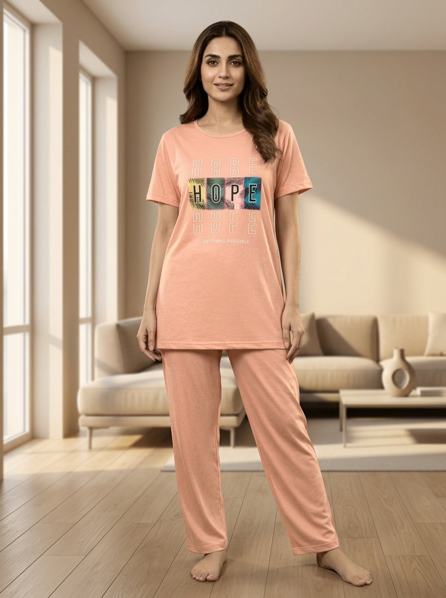 Women’s Motivational Peach Nightwear Set – HOPE Printed T-Shirt & Pants