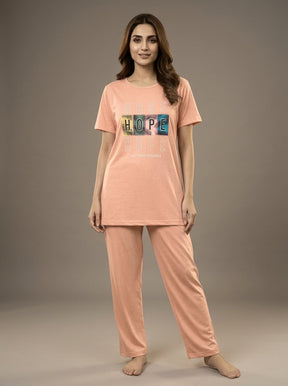 Women’s Motivational Peach Nightwear Set – HOPE Printed T-Shirt & Pants