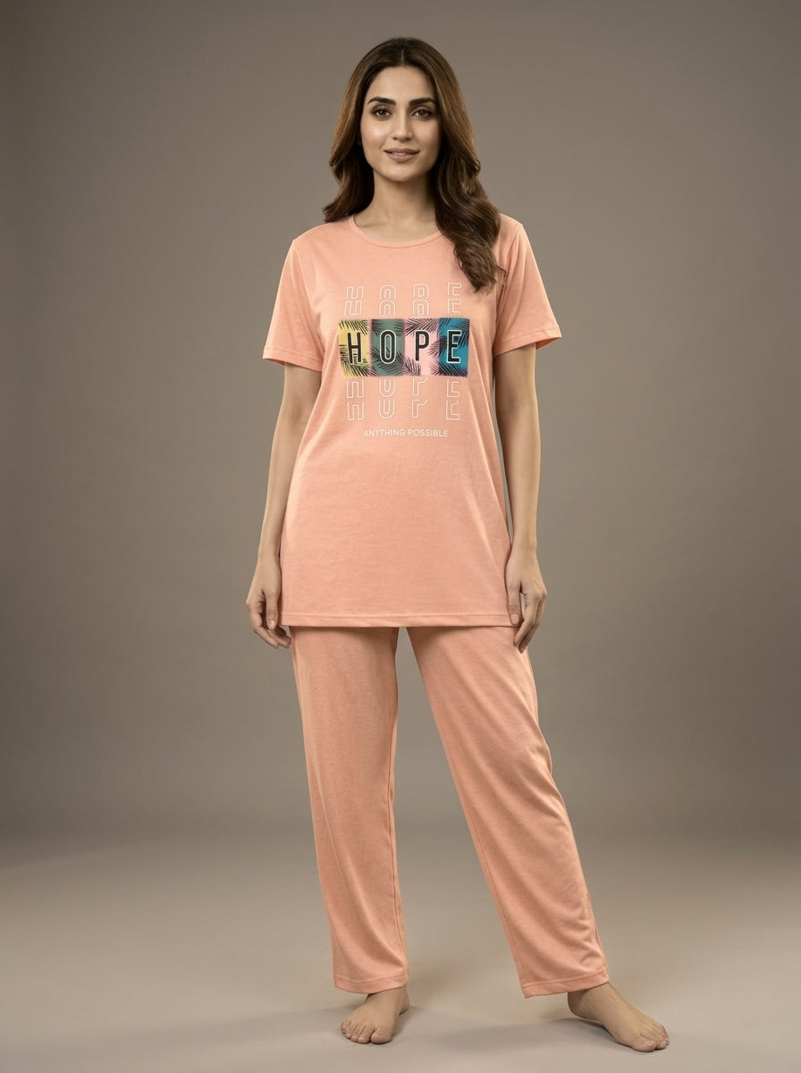 Women’s Motivational Peach Nightwear Set – HOPE Printed T-Shirt & Pants